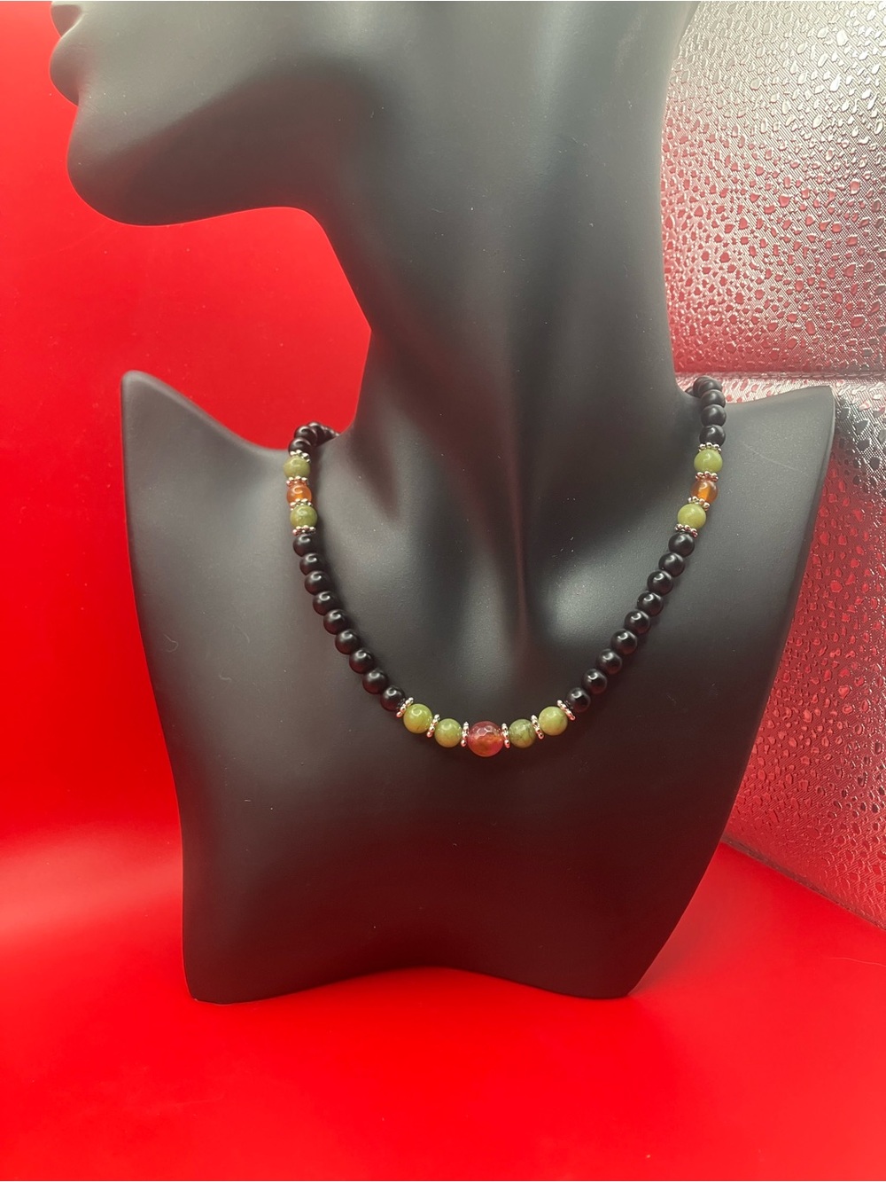 Black and Green Jade with Carnelian and Agate Beaded Necklace -